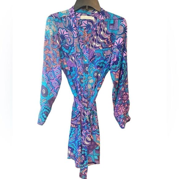 Alice & Trixie Sz S Purple Blue Paisley Silk Long Sleeve Button Down Party Dress - Picture 1 of 7